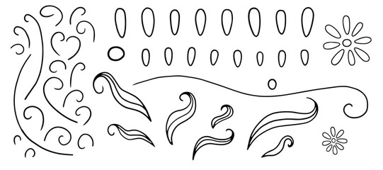 Fototapeta premium Decorative floral swirl vector set drawn by hand, featuring curved lines, petals, and ornamental elements for elegant design, tattoo art, vintage frame, or creative botanical illustration