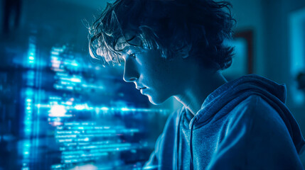 A teenage programmer sits in front of a monitor, writing code at night.