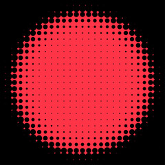Bold vector illustration of a red halftone circle centered on a black background. Retro comic-style dot pattern with clean radial symmetry.