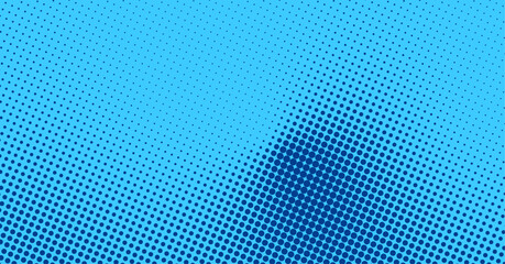 Dark blue halftone dots fade over a light blue background. Vector illustration with retro comic-inspired design style.