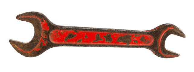 A mechanic's metal key on a white background
