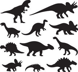 Collection of Black Dinosaur Silhouettes on White Background