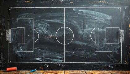 A top-down view of a soccer field plan drawn with chalk on a black chalkboard, resting on a wood table