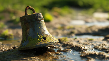 Weathered metal bell, green moss, muddy ground. Ringing through time, rustic decay, forgotten melody, silent stories, nature's reclaim. Evokes nostalgia.