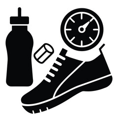 Fitness and workout gear featuring water bottle shoe and timer silhouette