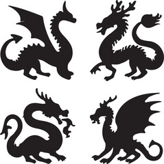 Set of Four Stylized Dragon Silhouettes on White mythical creature