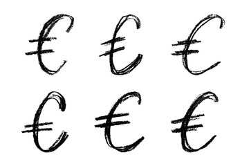Set of hand drawn euro currency symbol. Brush stroke doodle. Single element for design
