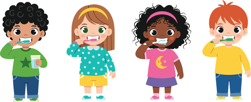 Cartoon children brushing teeth, dental hygiene, toothbrush, smiling kids, colorful clothes, morning routine, vector, illustration, health, clean,