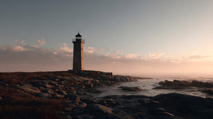 Coastal lighthouse stands tall on a rocky shore at sunset with ocean views