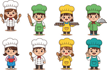 Cartoon chef characters, colorful hats, kitchen tools, cooking poses, vector, illustration, apron, smiling, diverse, culinary, food, restaurant, baking, rolling pin, whisk, cooki