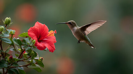 Naklejka premium Hummingbird hovers near a vibrant red hibiscus flower in natural light