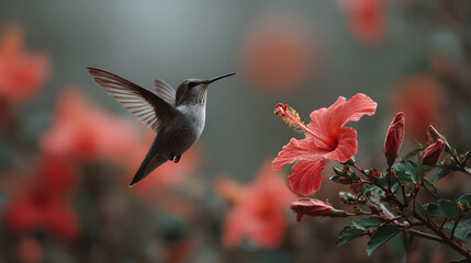 Obraz premium Hummingbird in flight near vibrant red hibiscus flower