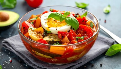 Colorful bowl of cooked vegetables with egg, basil, and avocado