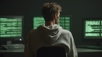 Hacker working on computers in a dark room, back view