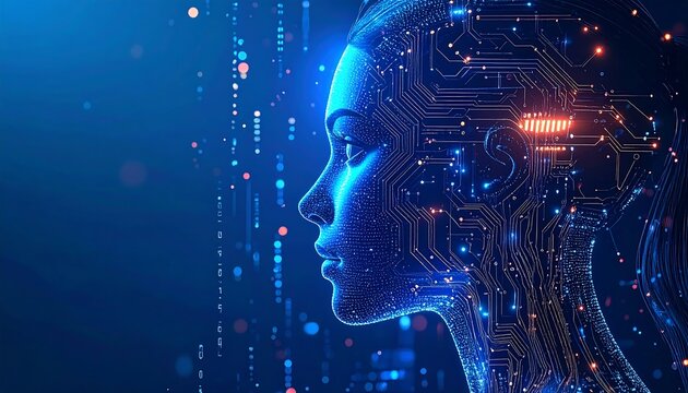 A digital artwork depicts a woman's profile, overlaid with intricate circuit board patterns. Glowing blue highlights accent the futuristic aesthetic