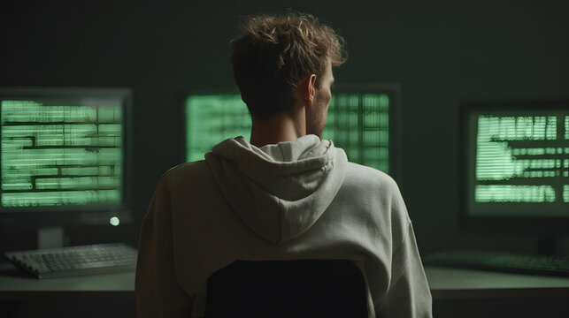 Hacker working on computers in a dark room, back view - Powered by Adobe