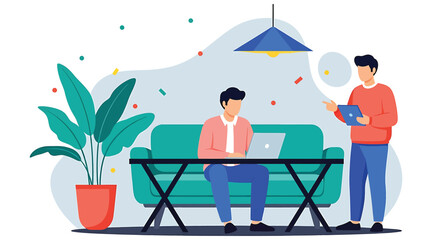 Vector art of two colleagues are working together in the office, one is sitting at the desk and working on the laptop, the other is standing and holding a tablet