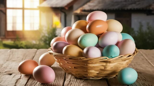 Colorful easter eggs in a basket on a wooden table, rustic farm background