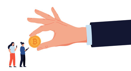 Obraz premium An illustration depicting a giant hand offering a bitcoin to two small individuals.