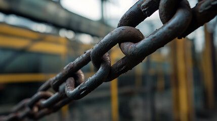 Naklejka premium Rusty Industrial Chain: Close-up of weathered metal links suggesting strength, age, and connection in a factory setting. Macro perspective.