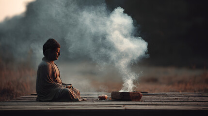 Serene Buddha statue with incense smoke in a tranquil outdoor setting