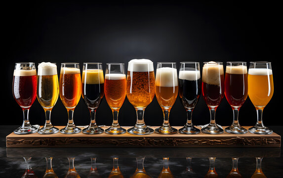 Exploring a variety of craft beers arranged on a wooden flight board at a brewery during an evening gathering