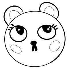 A cute cartoon panda bear face with big eyes and rosy cheeks, sharing a playful expression. Coloring book.