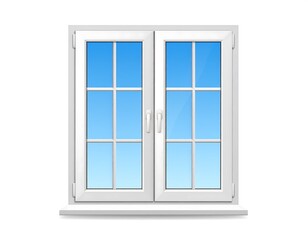 White double-hung window against a light blue sky.  Realistic illustration