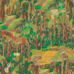 Seamless pattern landscapes painted with wax crayons. Nature, botanical print with oil pastel.