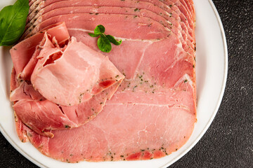 Ham spam pork prosciutto cotto natural product tasty snack fresh delicious gourmet food background on the table rustic top view copy space