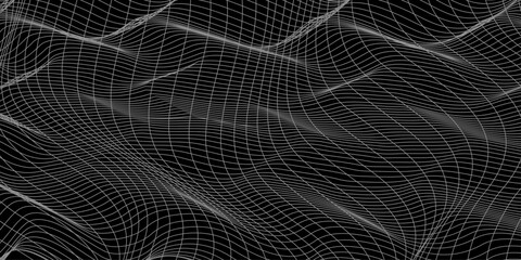 Line Wave Black And White Gravity. Abstract 3d illustration of water surface. Grid background black.
Futuristic vector sci-fi circle portal in space. 3D black ai tunnel with dots and lines. 