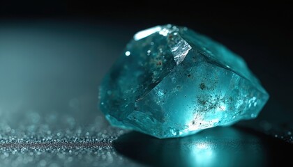 Close up shot crystal gemstone mineral stone. Aqua blue crystal quartz gem is isolated. Jewelry designer presents rough stone for gem cutting. Miner shows raw rhinestone rock sample.