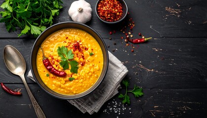 A top-down view of a vibrant bowl of yellow lentil soup on a rustic black wooden surface. Garnishes of chili peppers and fresh herbs adorn the dish