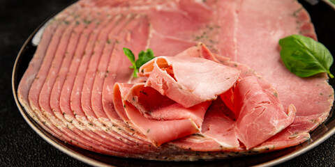 Ham spam pork prosciutto cotto natural product tasty snack fresh delicious gourmet food background on the table rustic top view copy space