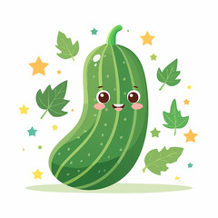 Cute cartoon cucumber character smiling brightly, surrounded by whimsical leaves and stars, ideal for healthy food and playful garden-themed designs
