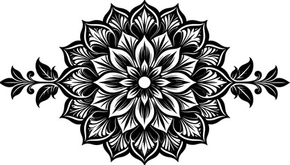 A symmetrical black and white floral design with intricate details, resembling a mandala, with leafy accents