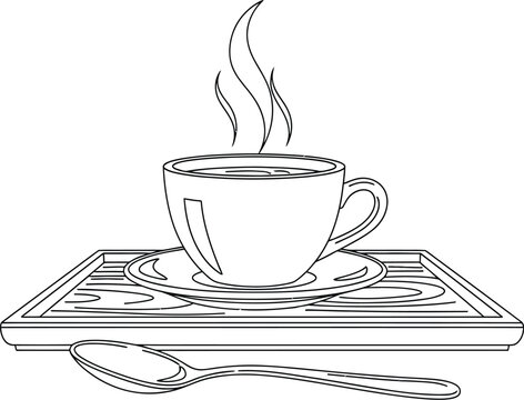 steaming coffee cup on tray, outline clip art preview