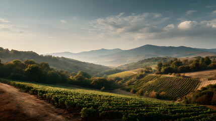 Scenic vineyard landscape with rolling hills and a beautiful sunrise