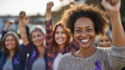 Group of diverse women raising hands in support for International Women's Day