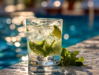 A chilled glass of refreshing mint and lime cocktail with ice set by a sparkling poolside on a sunny day