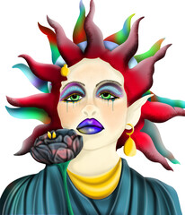 Elf woman with fantasy makeup and blue glitter, spiky red hair and colorful rose in hand
