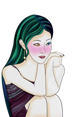 beautiful Korean woman sitting with green and black hair, pink blush and red lips
