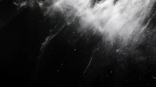 Abstract white smoke or powder exploding against a dark background, creating a dynamic and energetic visual effect with fine particles and wisps 4k video