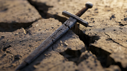 Ancient Sword on Cracked Earth: A relic of a forgotten era, lies upon the barren landscape, hinting at battles past and a story yet untold.