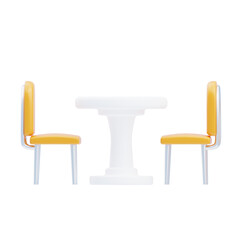 A white pedestal dining table with two yellow chairs on a transparent background is ideal for modern interior design concepts