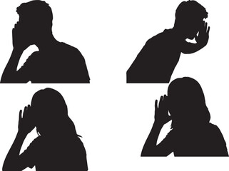 A collection of black silhouettes with men and women cupping their mouths to shout. Vector icons representing communication, calling out, or a loud announcement