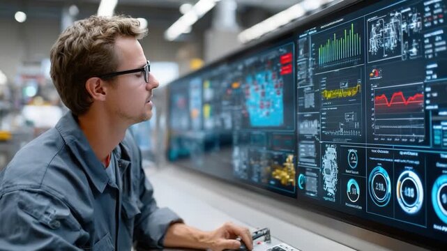 Tech Engineer in the Control Room: A skilled engineer, engrossed in monitoring complex systems via expansive display screens, embodies the modern age of technology and industrial innovation.