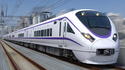 Naklejka premium High-Speed White and Purple Train, Dynamic Motion Blur in Urban Environment for Transportation Technology or Infrastructure Projects