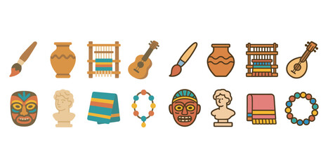 Art and craft tools outline icons set – linear, flat, creative hobby symbols