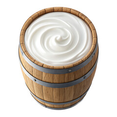 A wooden barrel filled with a swirling white creamy substance viewed from directly above the barrel